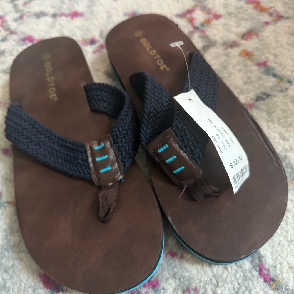 Gold Toe Dark Brown Sandals with Navy Straps